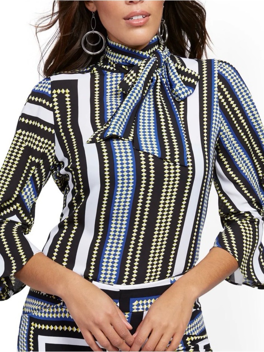 7 Avenue New York & Co Pleated Sleeve Bold graphic print Tie-Neck Blouse